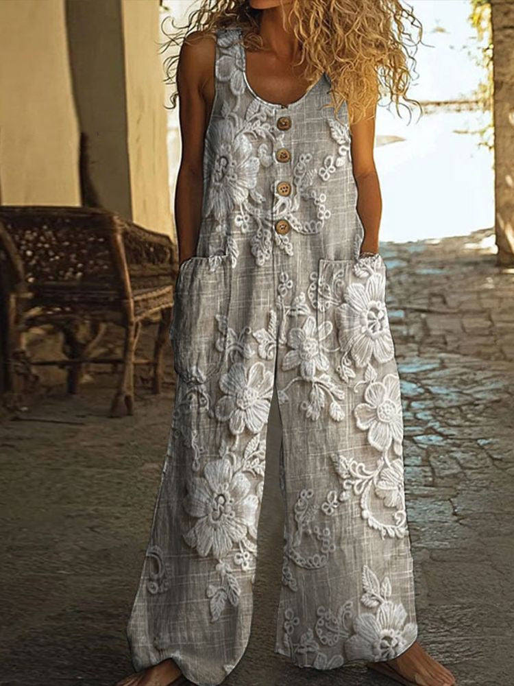 Damen Lässiger Patchwork-Jumpsuit mit Knopfdetails R&B