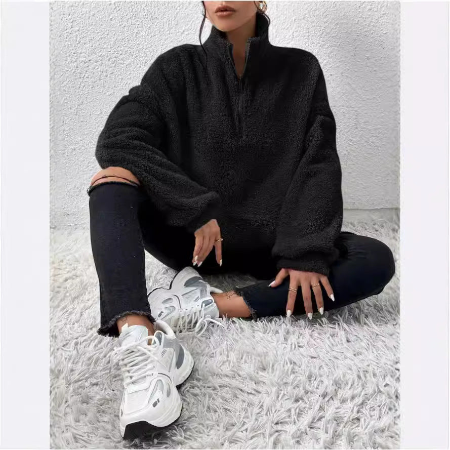 Damen Kuscheliger Fleece-Pullover mit Stehkragen und Eingrifftaschen R&B