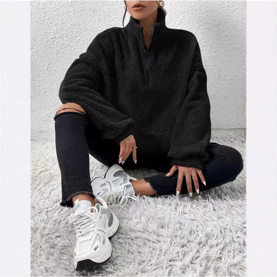 Damen Kuscheliger Fleece-Pullover mit Stehkragen und Eingrifftaschen R&B
