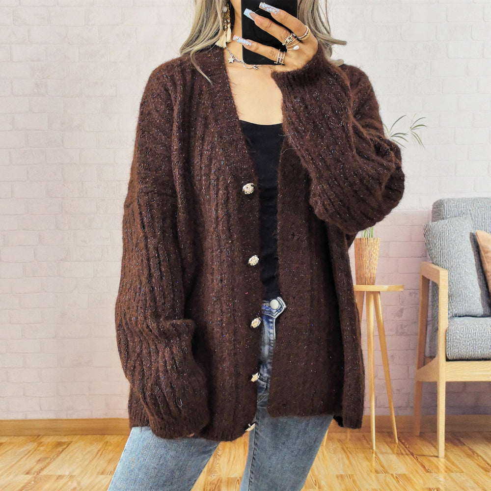 Damen Grobstrickjacke mit modischen Knöpfen und lässigem Schnitt R&B
