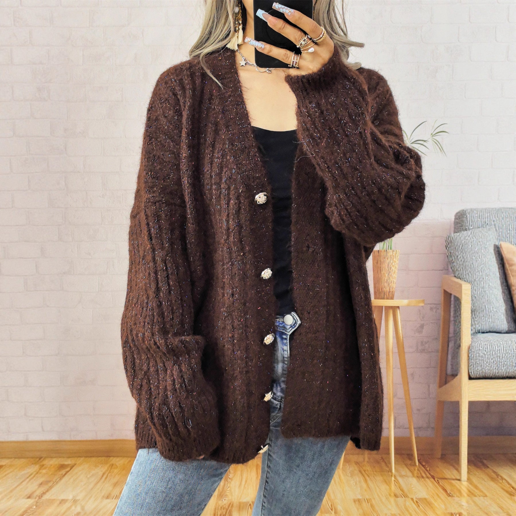 Damen Grobstrickjacke mit modischen Knöpfen und lässigem Schnitt R&B