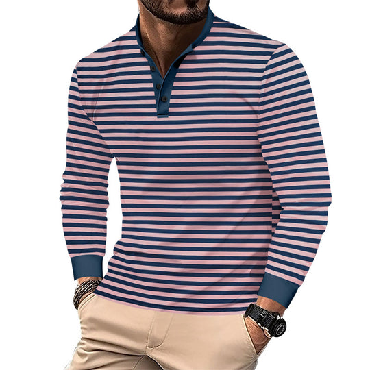 Herren nan gestreiftes Langarm-Henleyshirt mit Stehkragen, schmaler Passform und elastischem Baumwollmix R&B