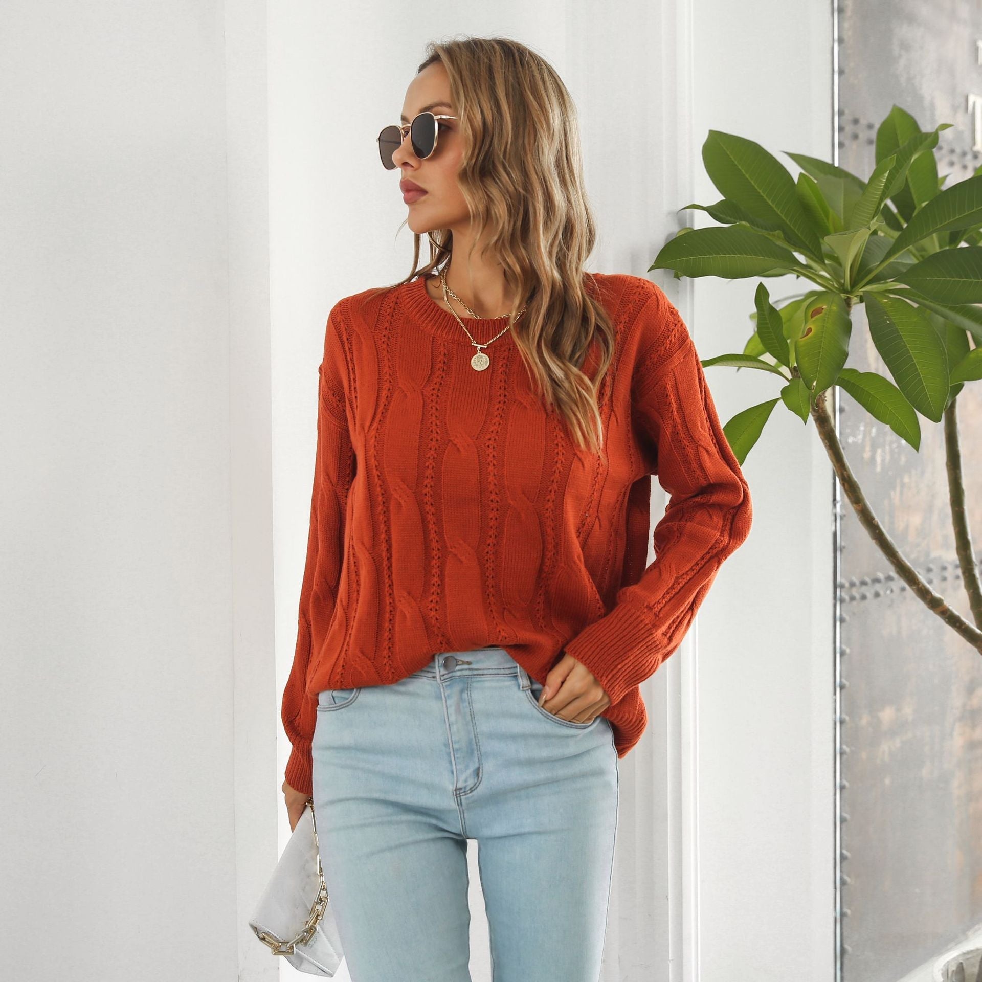 Damen Strickpullover mit strukturiertem Zopfdesign und weitem Schnitt R&B