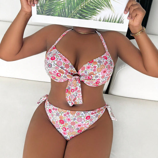 Damen Triangel-Bikini mit verspieltem Blumenmuster und herausnehmbarem Padding R&B