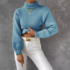 Damen trendiger Pullover mit hoch geschlossenem Kragen und voluminösen Ärmeln R&B