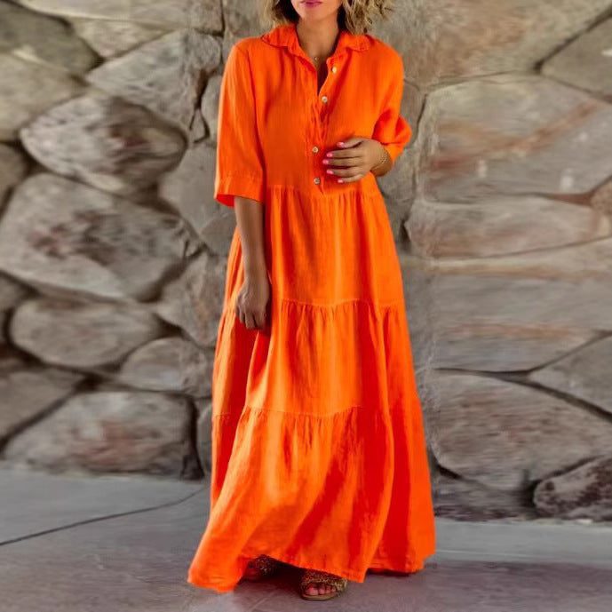 Damen nan langes Hemdblusenkleid mit geraffter Taillennaht, dreiviertelärmeln und stufigem Volantrock R&B