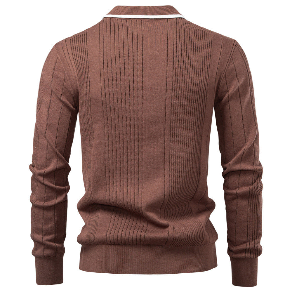 Herren nan langärmeliger Polopullover aus Feinstrick mit vertikalen Rippenintarsien und Kontrastkanten R&B