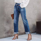 Damen lässige Flared Jeans mit modischen Fransen und hohem Bund