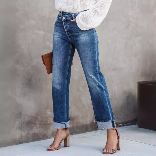 Damen lässige Flared Jeans mit modischen Fransen und hohem Bund R&B