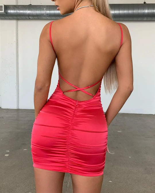 Damen figurbetontes Kleid mit Spaghettiträgern und elegantem Rüschendesign R&B