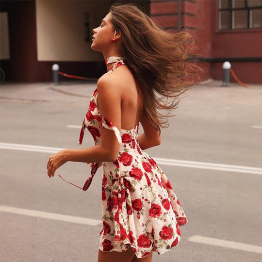 Damen romantisches Sommerkleid mit floralem Design und Choker R&B
