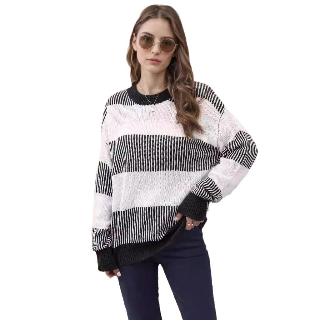 Damen gestreifter Strickpullover mit weitem Schnitt R&B