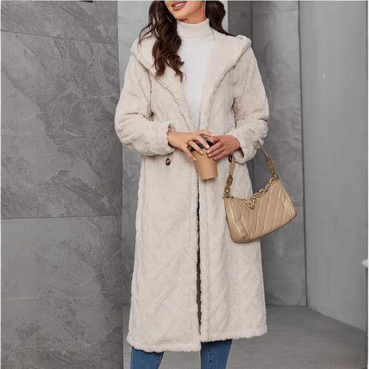 Damen Fluffy Mantel mit Kapuze und Knopfverschluss R&B
