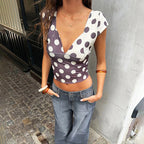 Damen Modisches Polka-Dots Oberteil mit tiefem V-Ausschnitt R&B