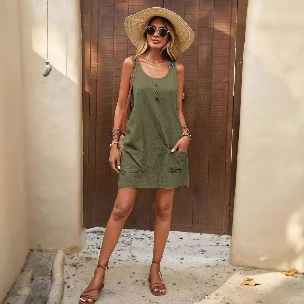 Damen Lässiges Sommerkleid mit Taschen und Knopfdetails R&B