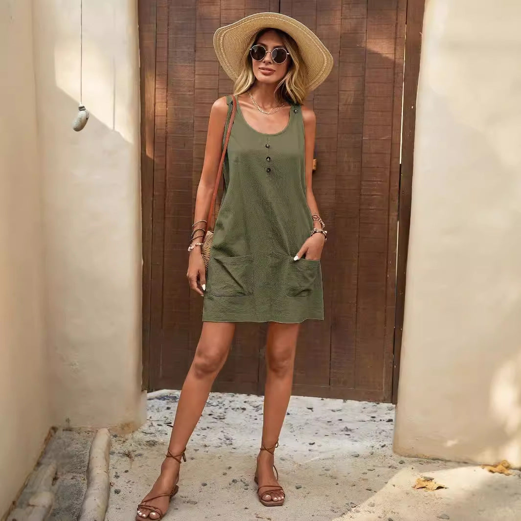 Damen Lässiges Sommerkleid mit Taschen und Knopfdetails R&B
