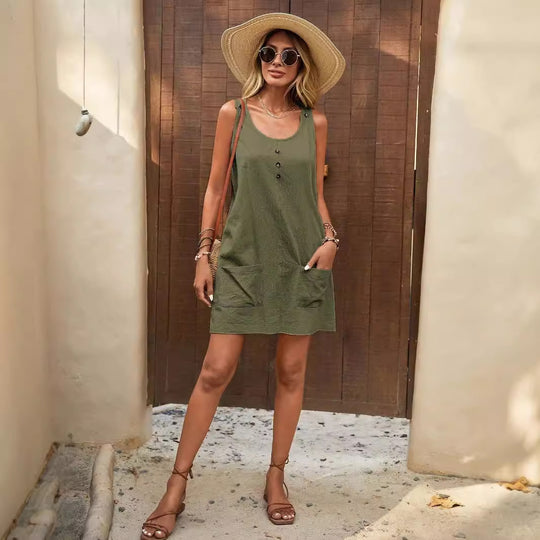 Damen Lässiges Sommerkleid mit Taschen und Knopfdetails R&B