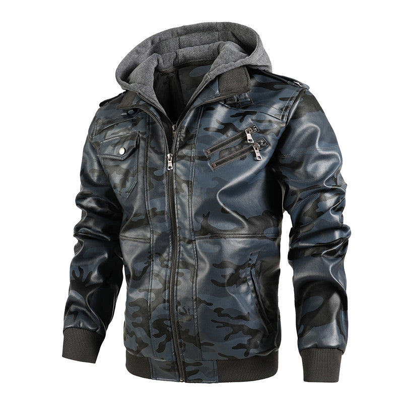 Herren Kunstlederjacke mit abnehmbarer Kapuze und multifunktionalen Taschen R&B