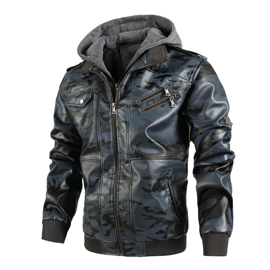 Herren Kunstlederjacke mit abnehmbarer Kapuze und multifunktionalen Taschen R&B