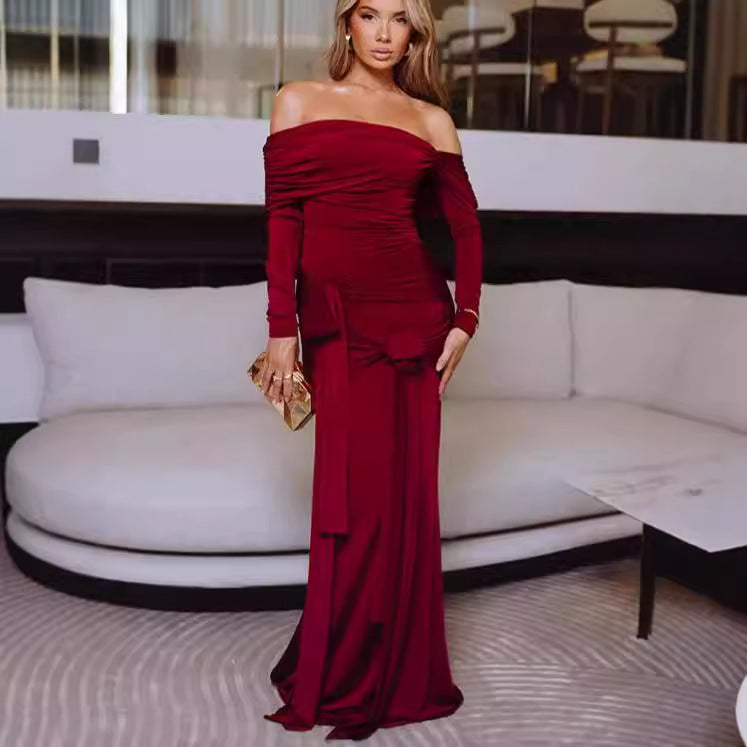 Damen Elegantes Maxikleid mit Rüschendetails und Off-Shoulder-Ausschnitt R&B