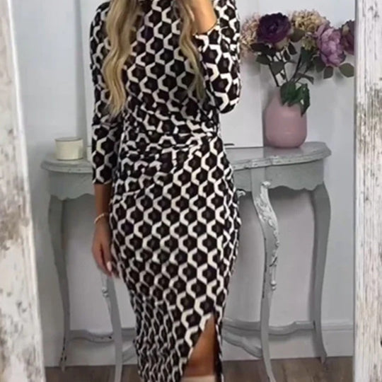 Damen Midi-Kleid mit geometrischem Muster und hohem Schlitz Heidi-Mode
