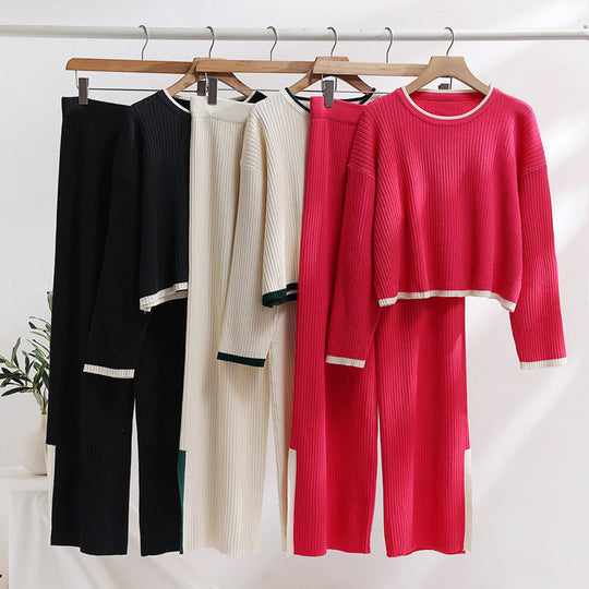 Damen lässiges Strickensemble mit hohem Bund und kontrastierenden Bündchen R&B