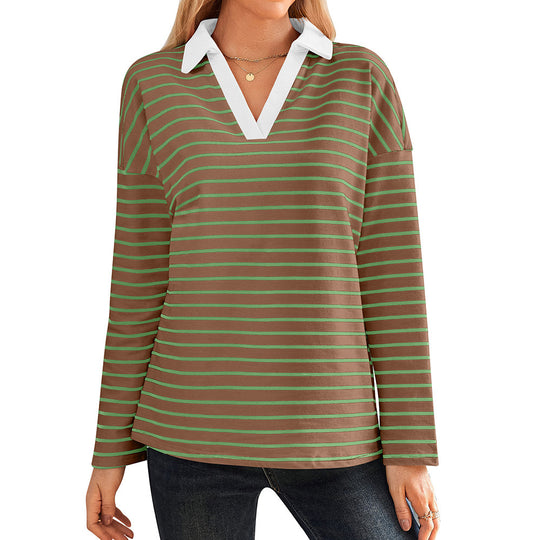 Damen gestreiftes Polo-Shirt mit V-Ausschnitt und kontrastierendem Kragen R&B