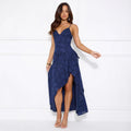 Damen Elegantes asymmetrisches Abendkleid mit feinen Spaghetti-Trägern und Rüschen
