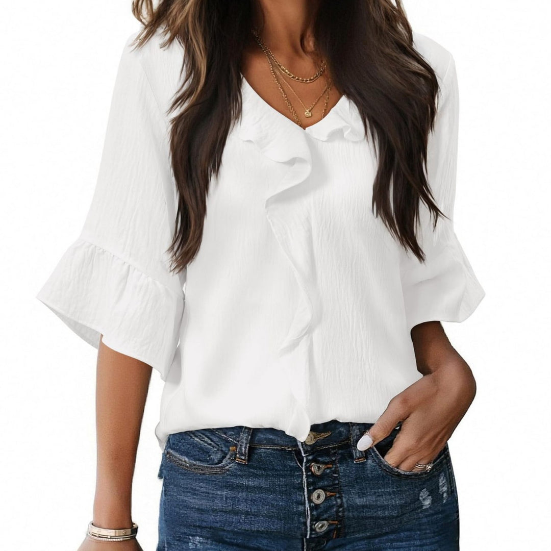Damen Luftiges Blusenshirt mit Rüschendetails und V-Ausschnitt R&B