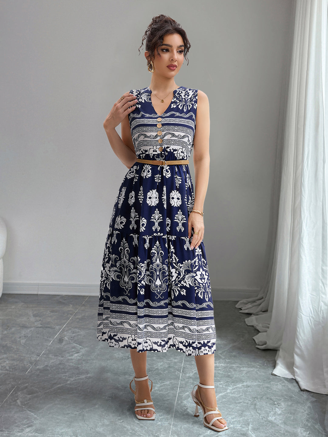 Damen Midi-Kleid mit Knopfleiste und traumhaftem Muster R&B
