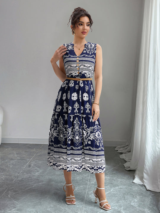 Damen Midi-Kleid mit Knopfleiste und traumhaftem Muster R&B