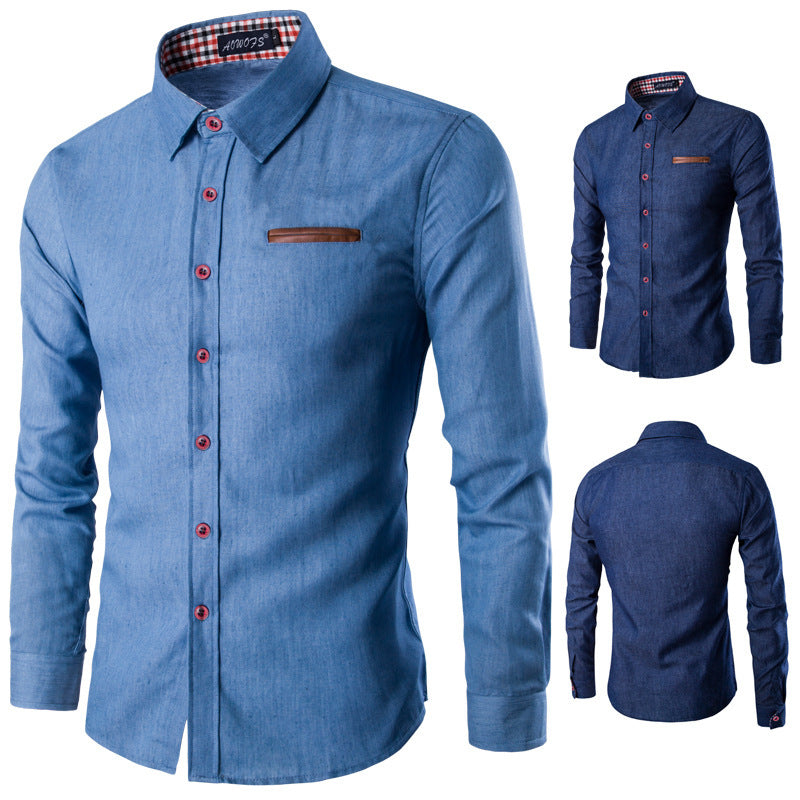 Herren Denim Langarmhemd mit kontrastierenden Knöpfen und Brusttasche R&B