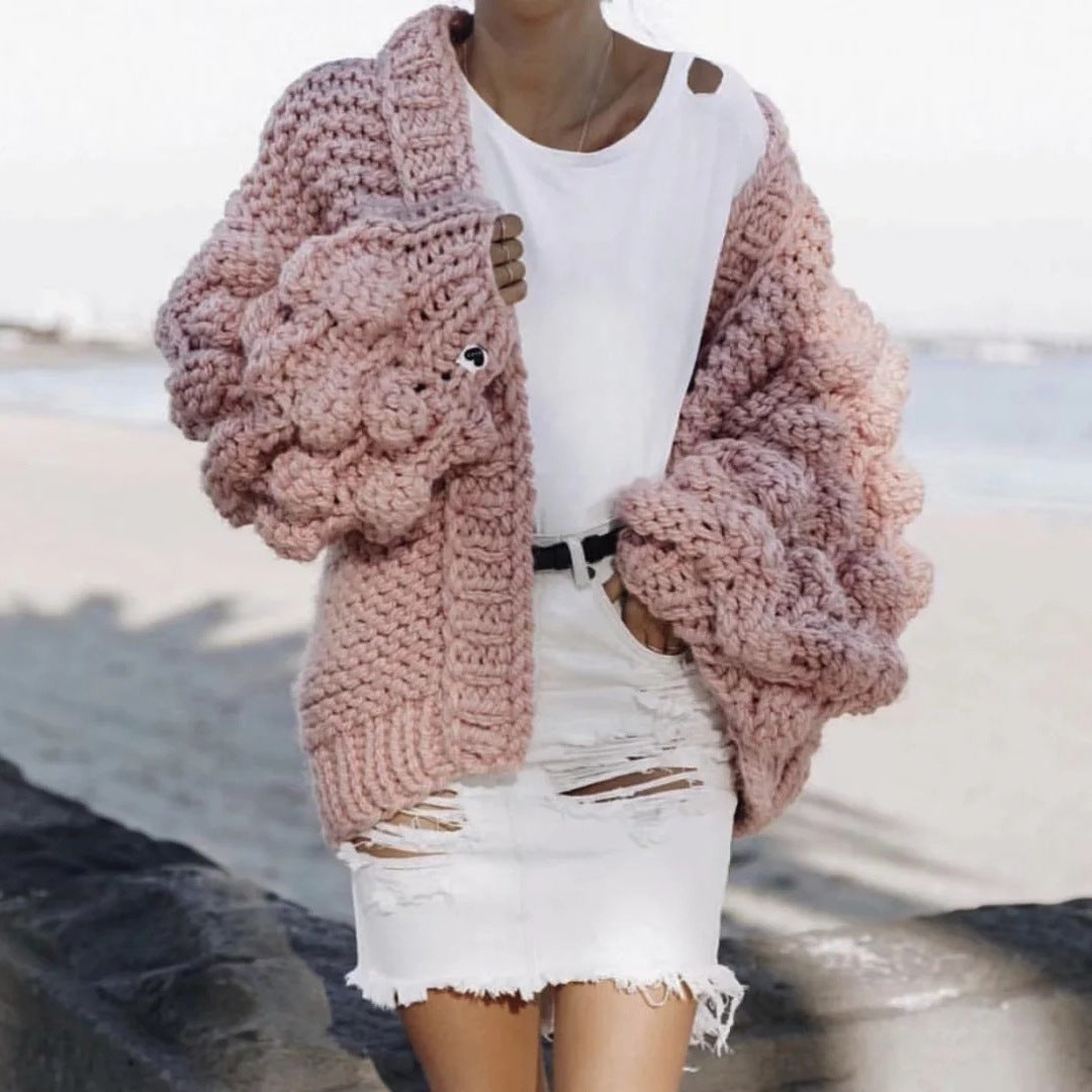 Damen Grob gestrickte Oversized-Jacke mit hohem Kragen und Kapuzendesign R&B