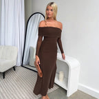 Damen Off-Shoulder Maxikleid mit Raffungen und hohem Schlitz R&B
