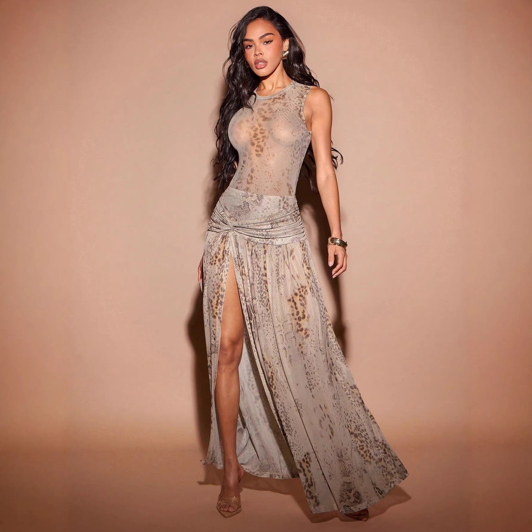 Damen Fließendes Strandkleid mit origineller Raffung und hohem Schlitz R&B