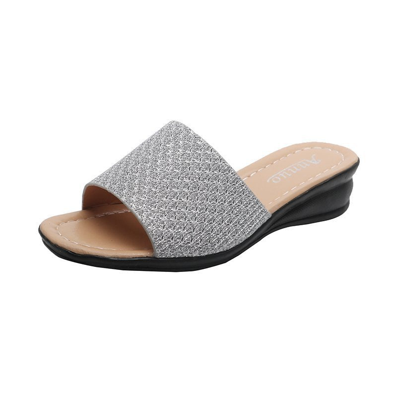 Damen nan Glitzerslipper mit breiter Riemenfront, offenem Zehenbereich, gepolstertem Komfortfußbett und leichtem Keilabsatz R&B