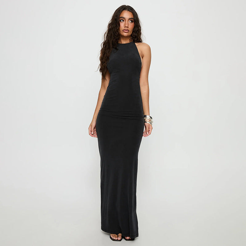Damen elegantes Maxikleid mit haltem Ausschnitt und figurbetontem Schnitt R&B