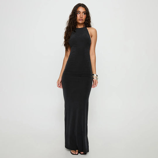 Damen elegantes Maxikleid mit haltem Ausschnitt und figurbetontem Schnitt R&B