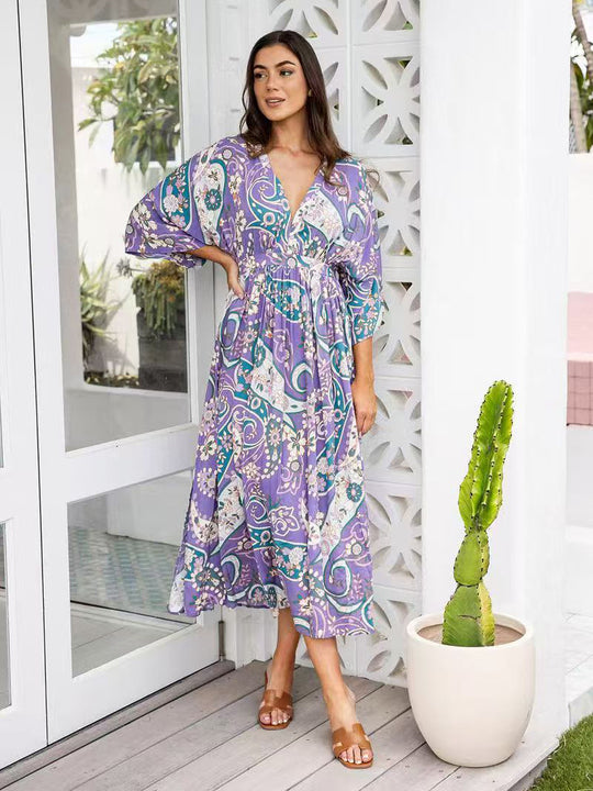 Damen Fließendes Strandkleid mit V-Ausschnitt und seitlichem Schlitz R&B