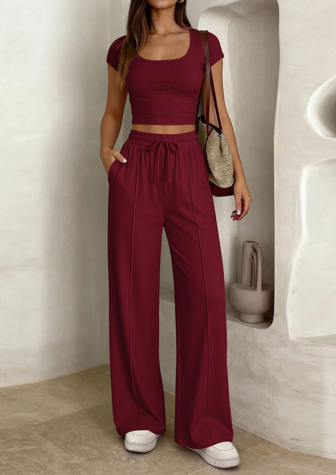 Damen lässiges Cropped-Top und weite Hose Set R&B