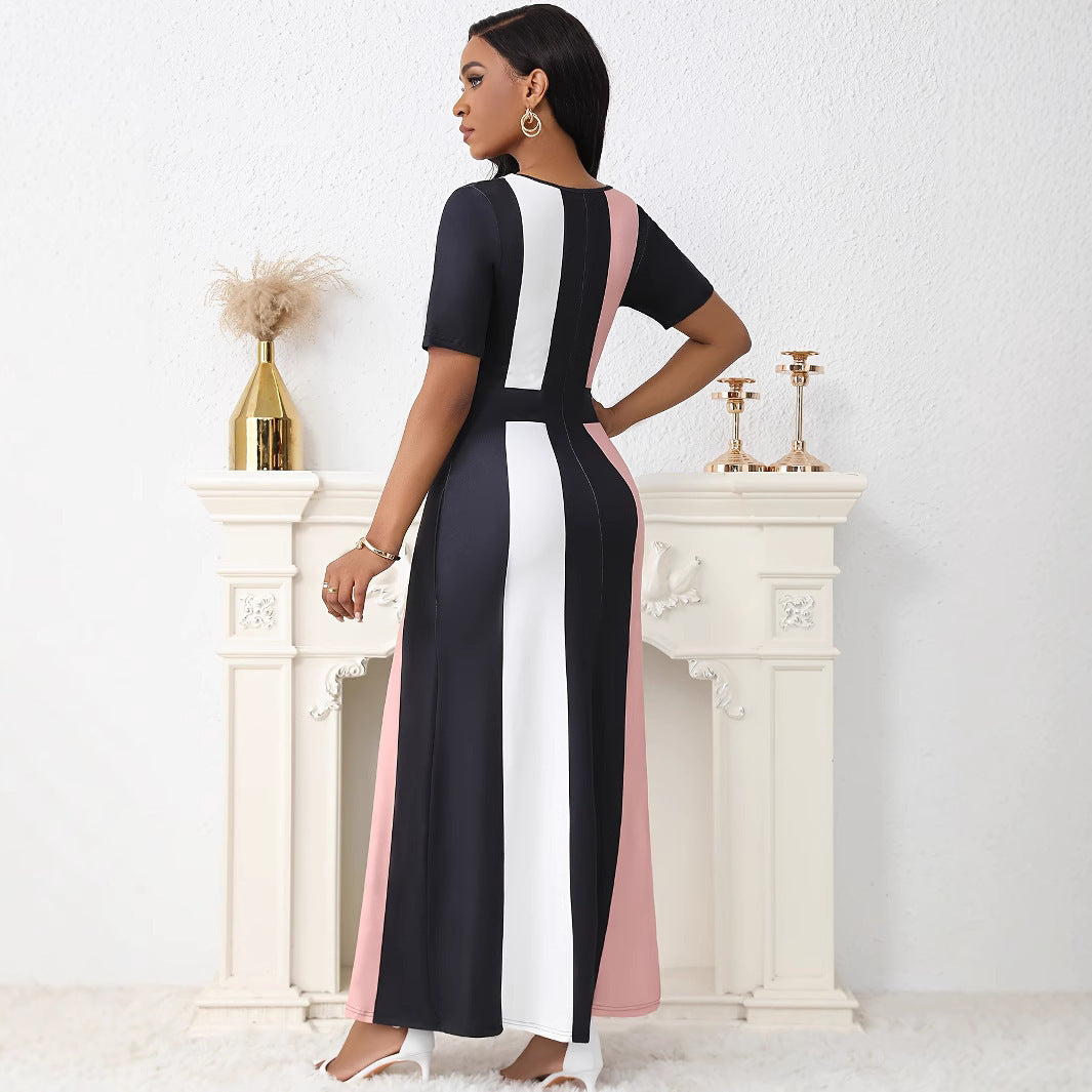 Damen Maxikleid mit modischem Blockstreifen-Design und praktischen Taschen R&B