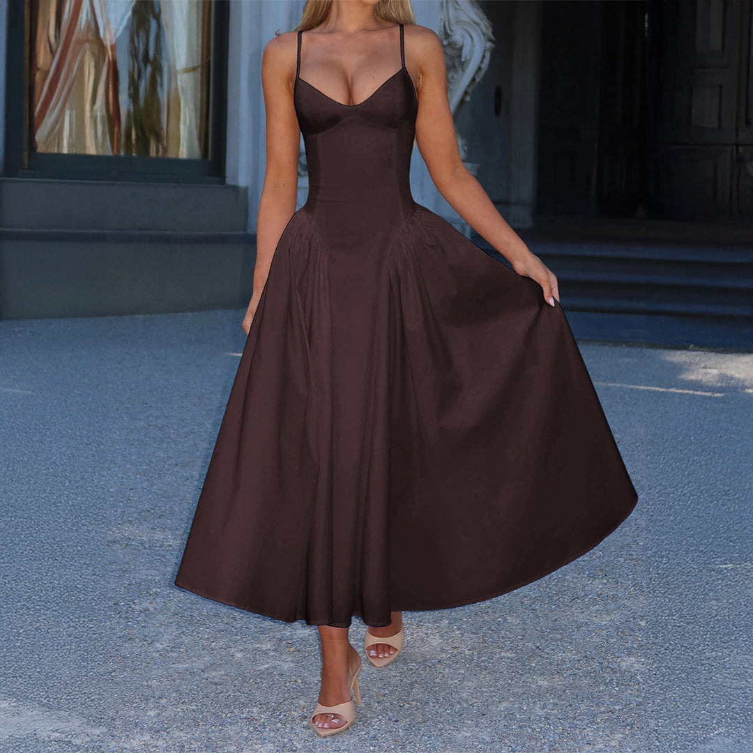 Damen A-linien Abendkleid mit verstellbaren Spaghettiträgern und schwingendem Rock R&B