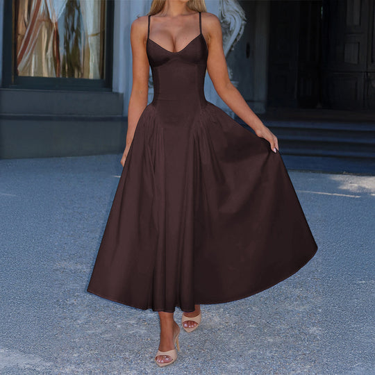 Damen A-linien Abendkleid mit verstellbaren Spaghettiträgern und schwingendem Rock R&B