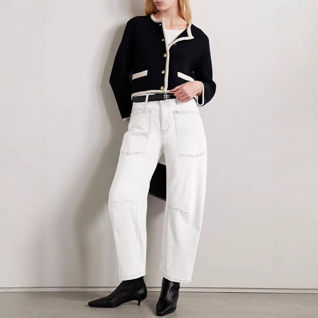 Damen halbhohe Denim-Hose mit einzigartigen aufgesetzten Taschen R&B