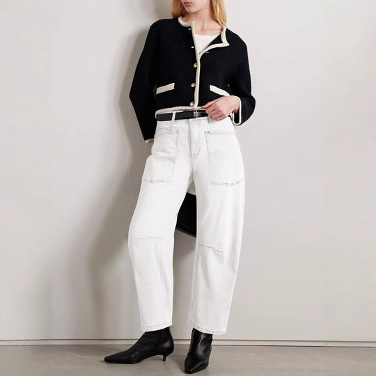 Damen halbhohe Denim-Hose mit einzigartigen aufgesetzten Taschen R&B