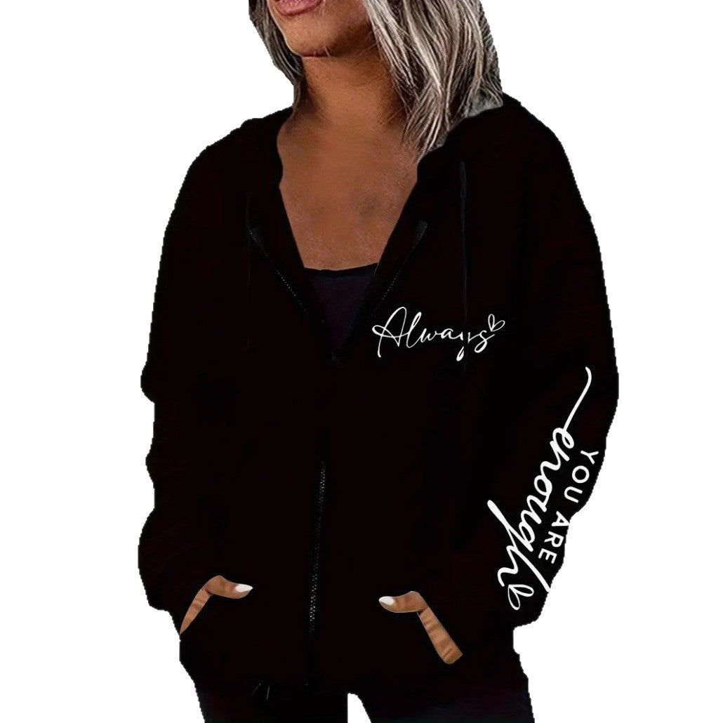 Damen nan oversized Kapuzenjacke mit Reißverschluss, handgeschriebener Typo-Applikation und Kontrast-Eingrifftaschen R&B
