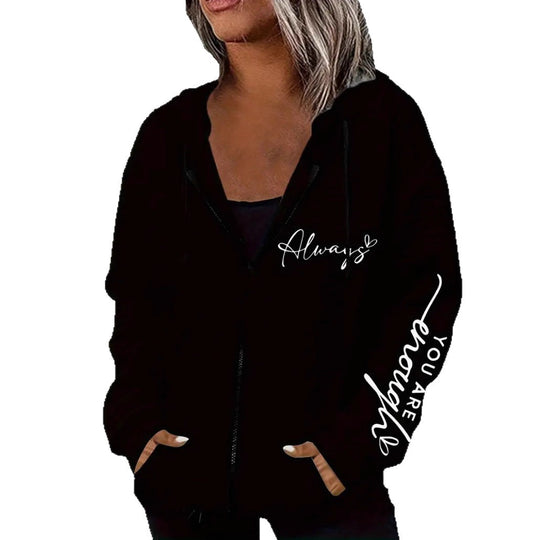 Damen nan oversized Kapuzenjacke mit Reißverschluss, handgeschriebener Typo-Applikation und Kontrast-Eingrifftaschen R&B