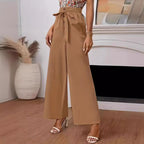 Damen weite Hochbundhose mit Bindegürtel und Knopfdetail R&B