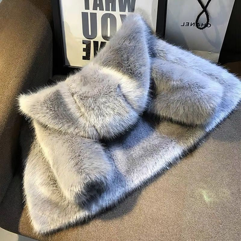Damen Elegante Kunstfelljacke mit voluminösem Kragen und Schalkragen R&B