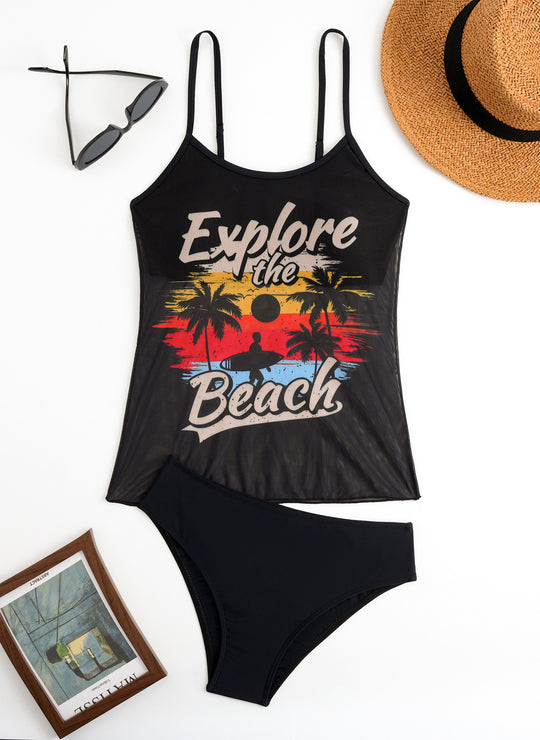 Damen Strandtop mit buntem Grafikdesign und passendem Bikiniunterteil R&B